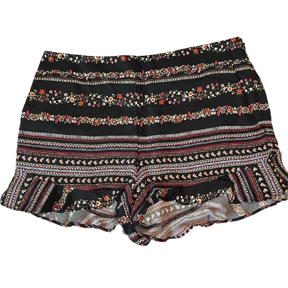 Loft Striped Black Ditsy Floral Ruffled Hem w/Pockets Viscose Shorts Size 2